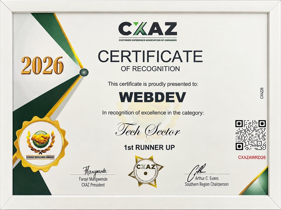 CXAZ 2026 Certificate of Recognition awarding Webdev 1st Runner Up in the Tech Sector category