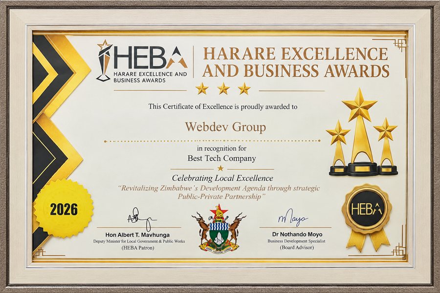 HEBA 2026 Certificate of Excellence awarded to Webdev Group for Best Tech Company