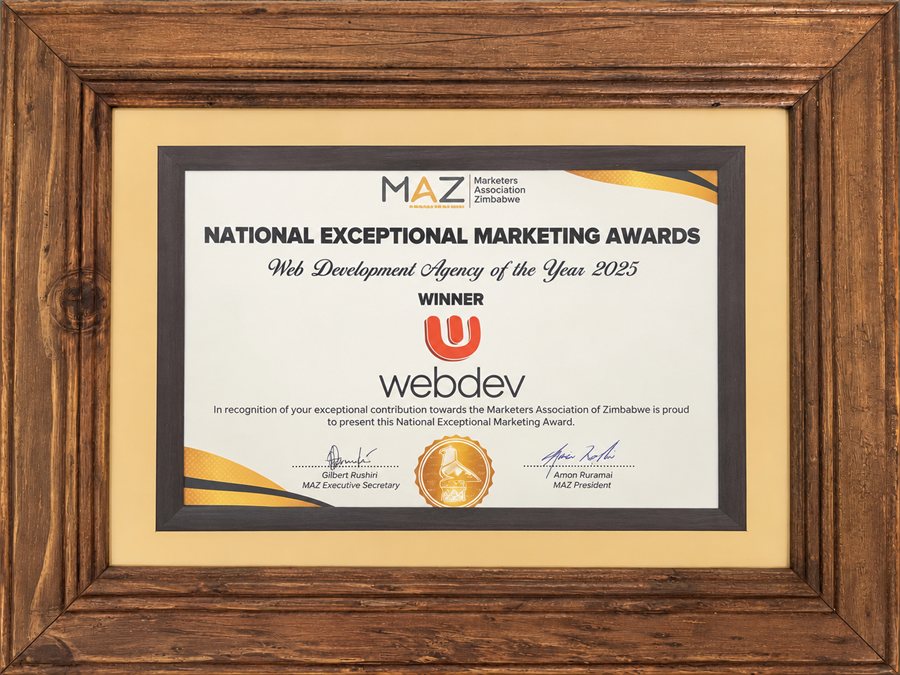 MAZ National Exceptional Marketing Awards certificate naming Webdev Web Development Agency of the Year 2025