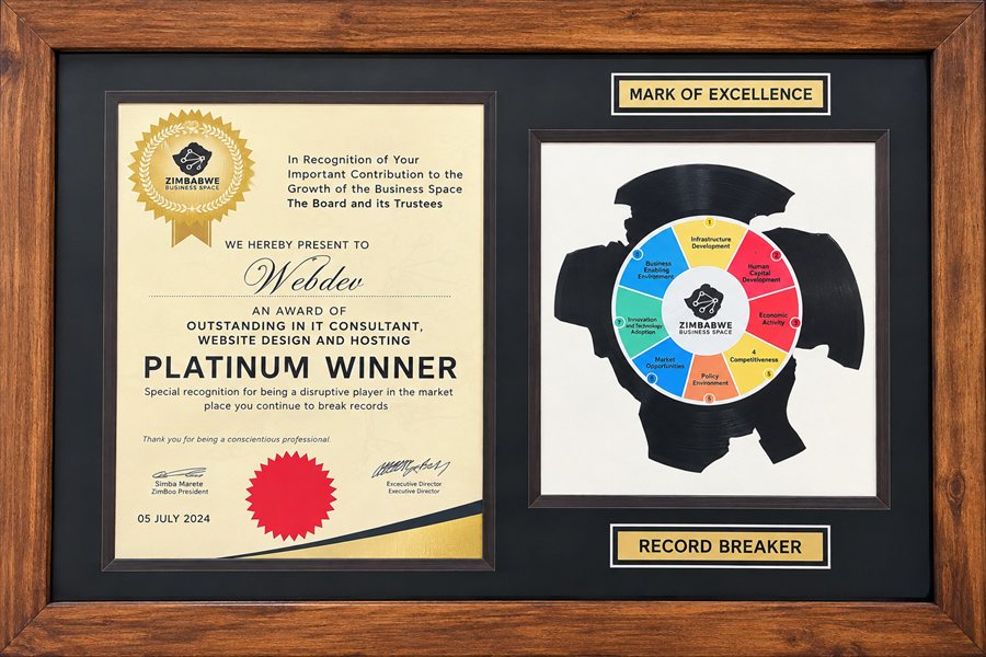 Zimbabwe Business Space award, 5 July 2024, naming Webdev Platinum Winner